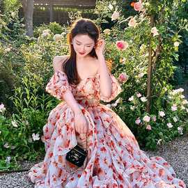 欧美跨境亚马逊法式甜美碎花露肩方领连衣裙女夏季温柔气质公主裙