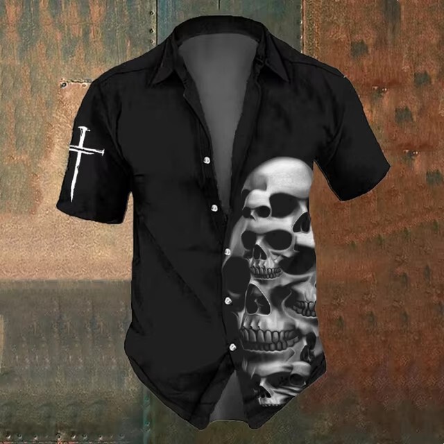 3D Printed Short Sleeve Summer Fashion Men's Clothing Black Hawaiian Men's Skull Shirt 2024 Cross Border
