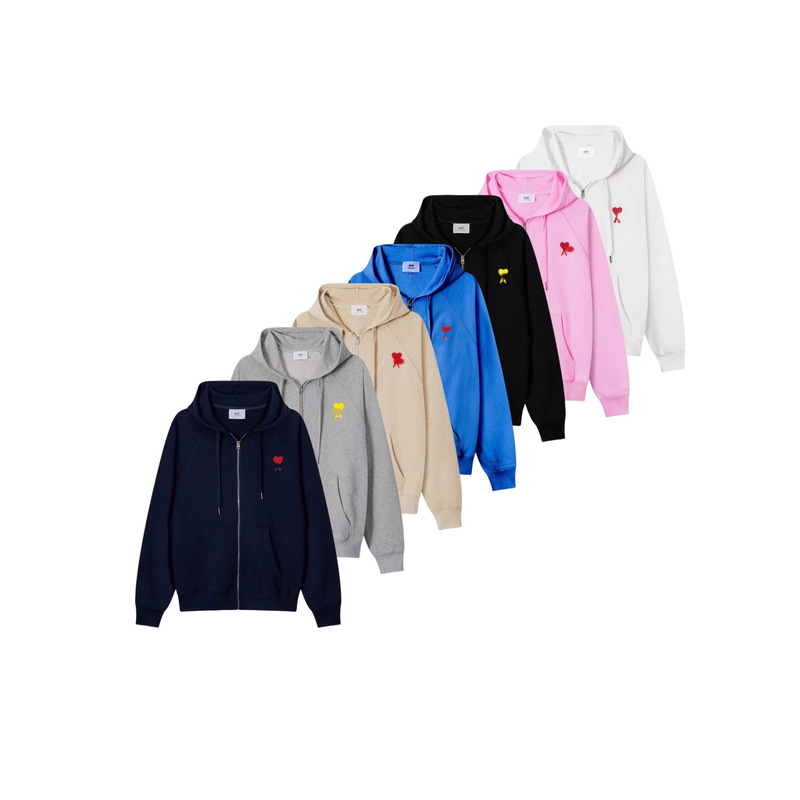 Cross-Border Trendy Brand Ami Cuninkon Zipper Cardigan Jacket Classic Heart Embroider Loose Hooded Sweatshirt for Men and Women