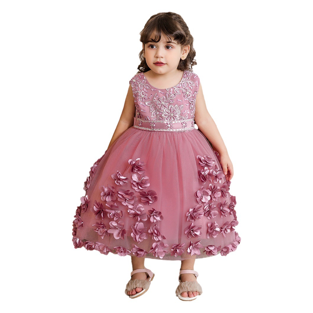 Ropa de niños europeos y americanos nuevas niñas vestido Flor de cuentas piano rendimiento vestido de boda niña princesa vestido