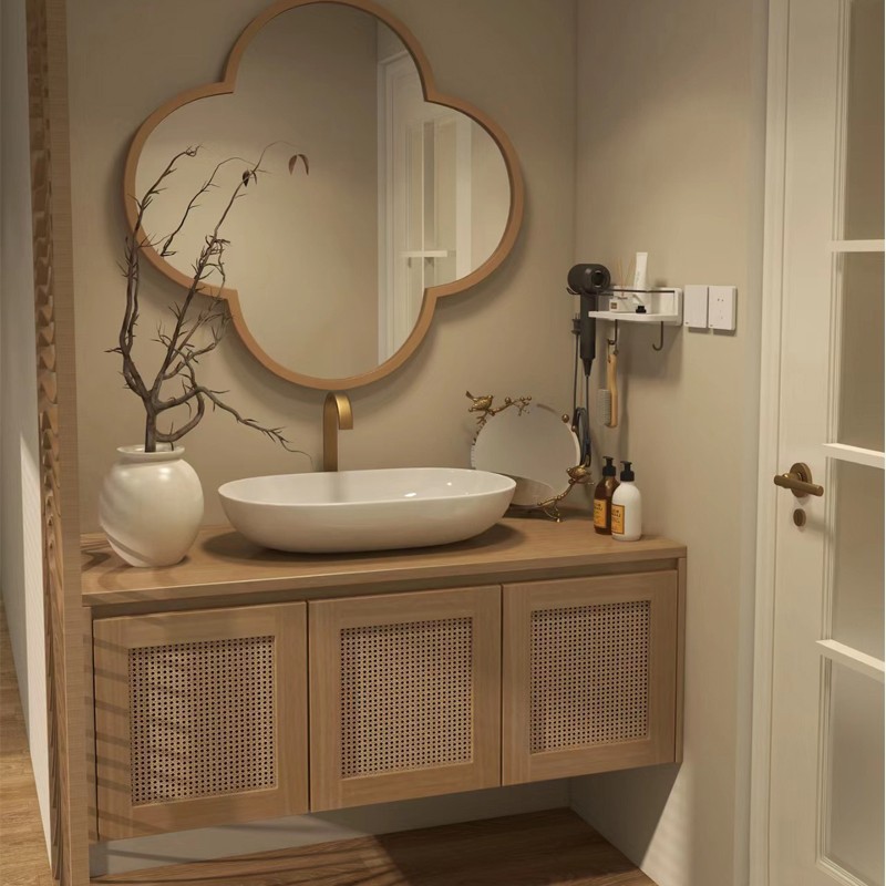 Japanese Wabi-Sabi Style Solid Wood Ceramic Integrated Basin Oak Bathroom Cabinet Combination Countertop Basin Washstand Bathroom Furniture