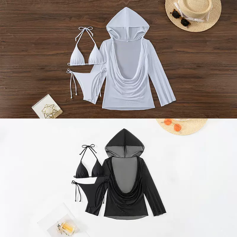 2024初见新款比基尼泳衣女士三件套欧美跨境泳衣罩衫比基尼泳装