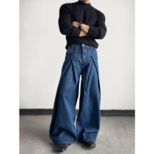 跨境微喇叭阔腿牛仔裤春秋季设计感皱褶高腰显瘦宽松垂感拖地裤
