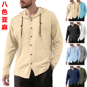 跨境亚马逊2025新款春夏男士连帽T恤衫纯色棉麻男士休闲长袖上衣