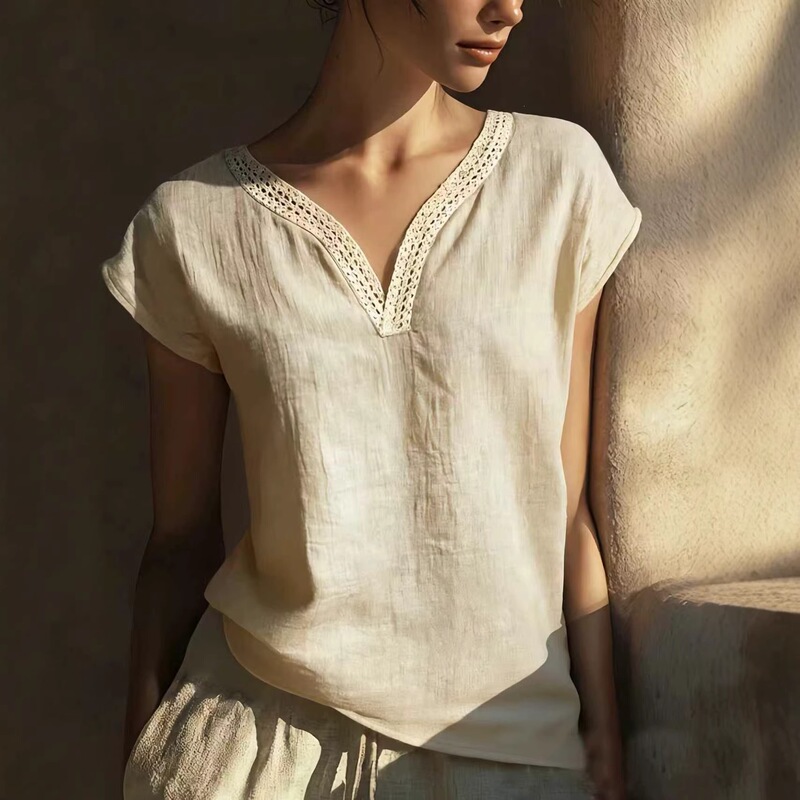 Cross-Border European and American Exclusive Supply of Women's Elegant Bohemian Summer Vintage Lace V-Neck Cotton-Linen Blend Shirts in Stock Cross-Border European and American Exclusive Supply of Women's Elegant Bohemian Summer Vintage Lace V-Neck Cotton-Linen Blend Shirts in Stock