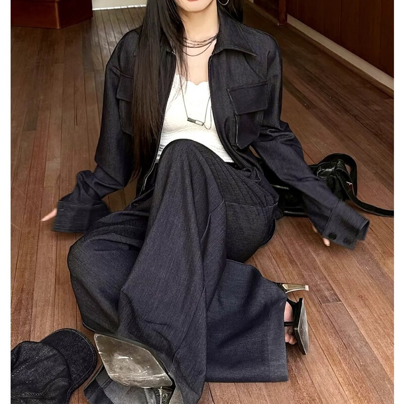 高ji感气质时尚减龄深蓝色牛仔套装女2025春秋季拉链上衣阔腿裤子|undefined