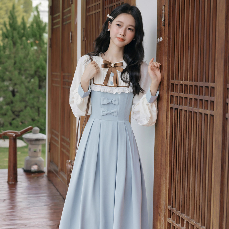 College Style Sweet and Fresh Fake Two-Piece Splicing Dress for Women with Bow Design Pleated Waist Long Skirt College Style Sweet and Fresh Fake Two-Piece Splicing Dress for Women with Bow Design Pleated Waist Long Skirt