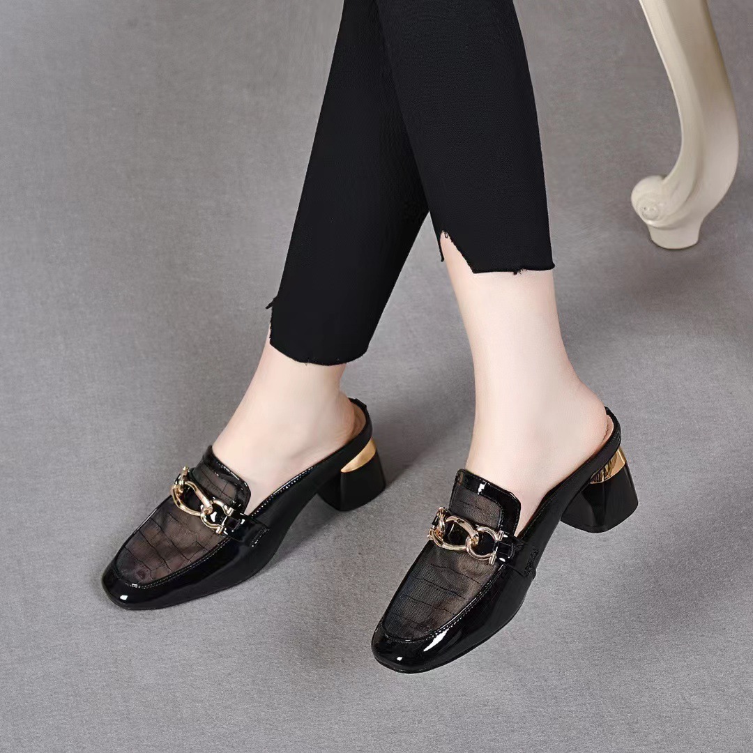 Dép sandal nữ mùa hè da thật lưới khoét lỗ đế bệt phong cách loafer — Màu Mơ-5 cm