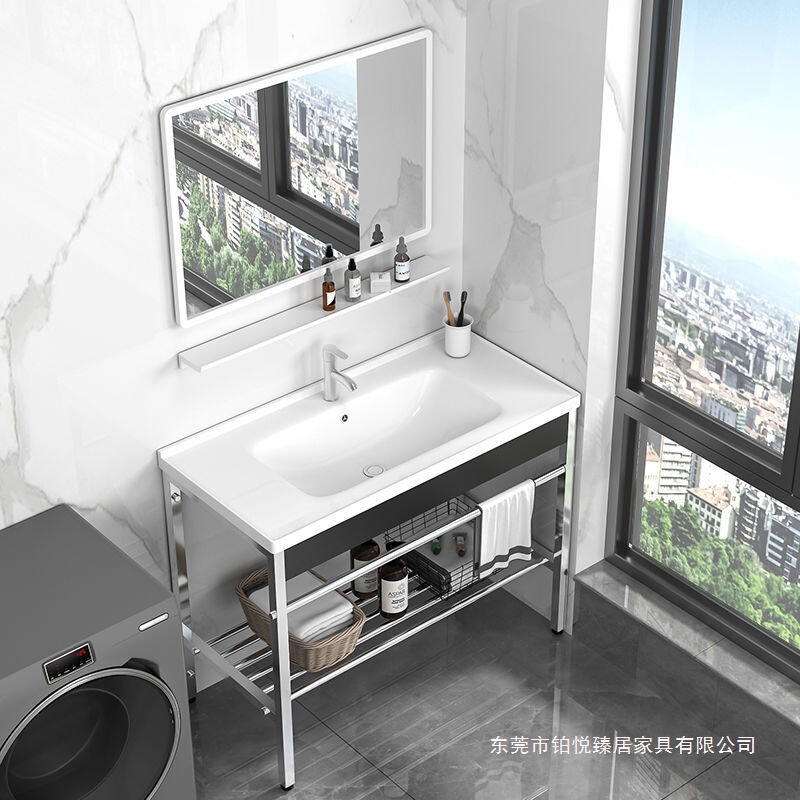 Floor-standing bathroom cabinet, ceramic washbasin, balcony outdoor sink, stainless steel stand, bathroom washstand