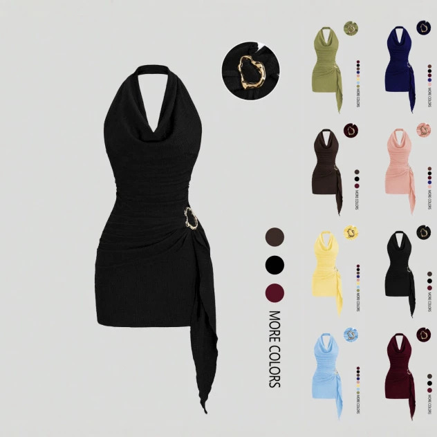 2026 Cross-Border European and American Aliexpress New Model Women's Fashion Solid Color V-Neck Halter Backless Dress Mini Dress 2026 Cross-Border European and American Aliexpress New Model Women's Fashion Solid Color V-Neck Halter Backless Dress Mini Dress