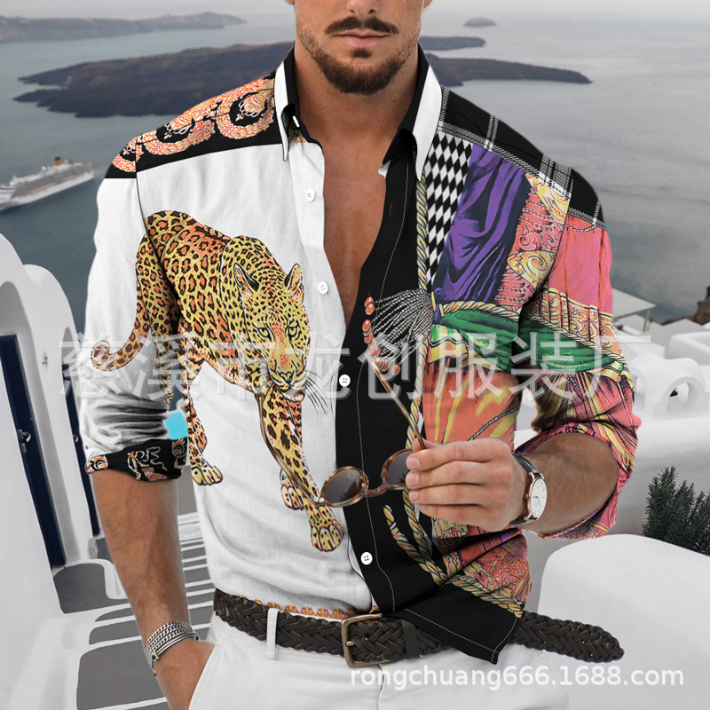 Manufacturer Wholesale Men's Trendy Street Style 3 Animal Digital Print Long-Sleeve Turn-Down Collar Loose-Fit Casual Shirt Manufacturer Wholesale Men's Trendy Street Style 3 Animal Digital Print Long-Sleeve Turn-Down Collar Loose-Fit Casual Shirt