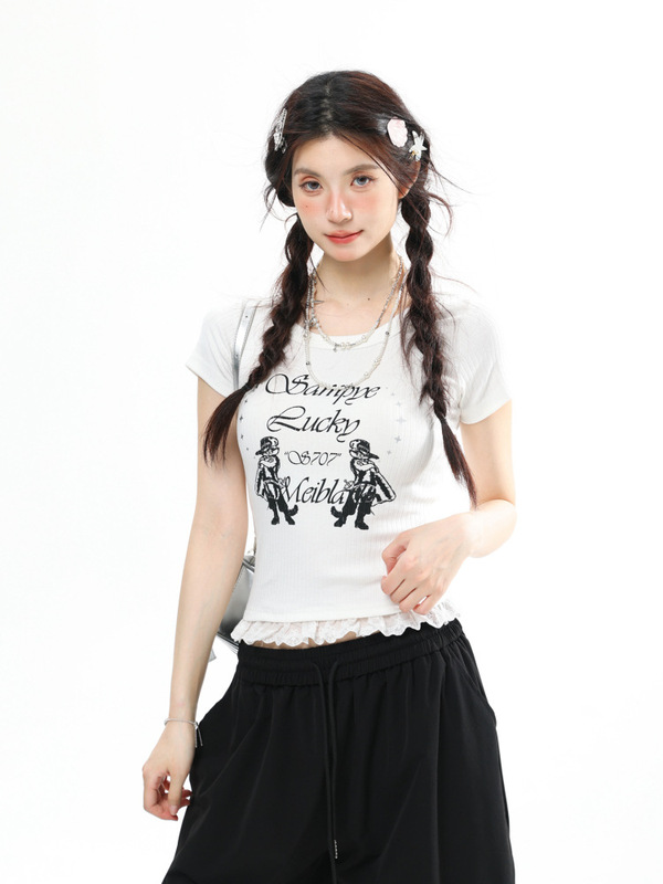 アメリカンレトロレースホットガール半袖Tシャツレディース夏スリムフィットデザインニッチ万能ショートトップ|undefined