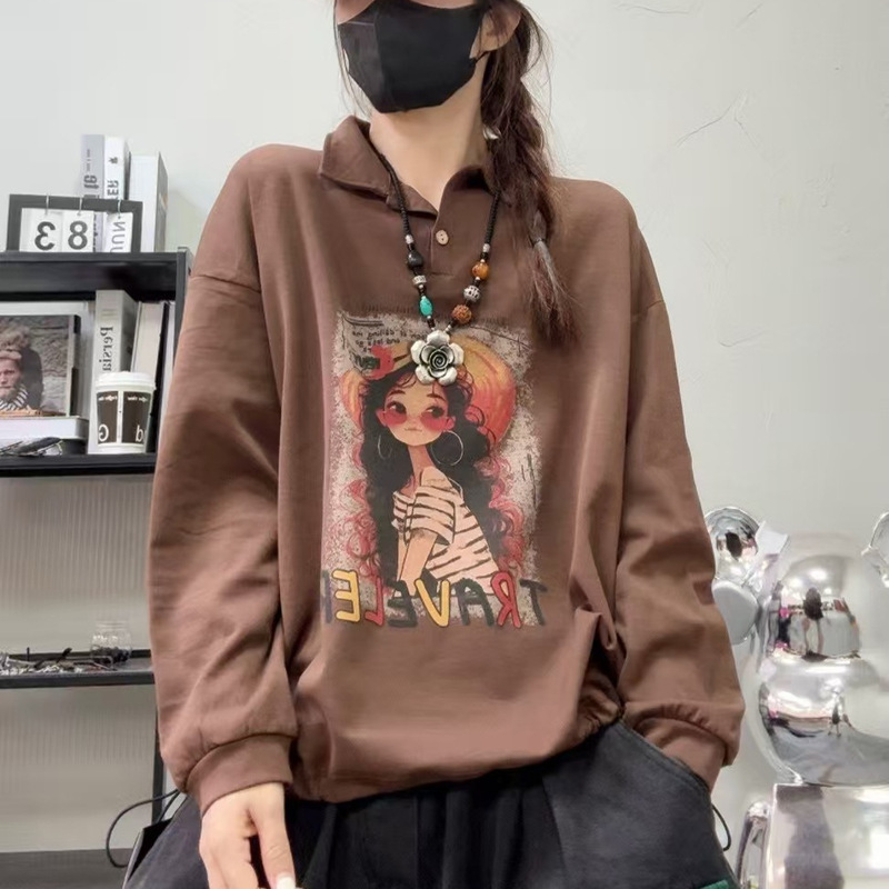 卡通女孩印花卫衣女 2025秋新款韩版宽松休闲翻领下摆抽绳上衣|undefined
