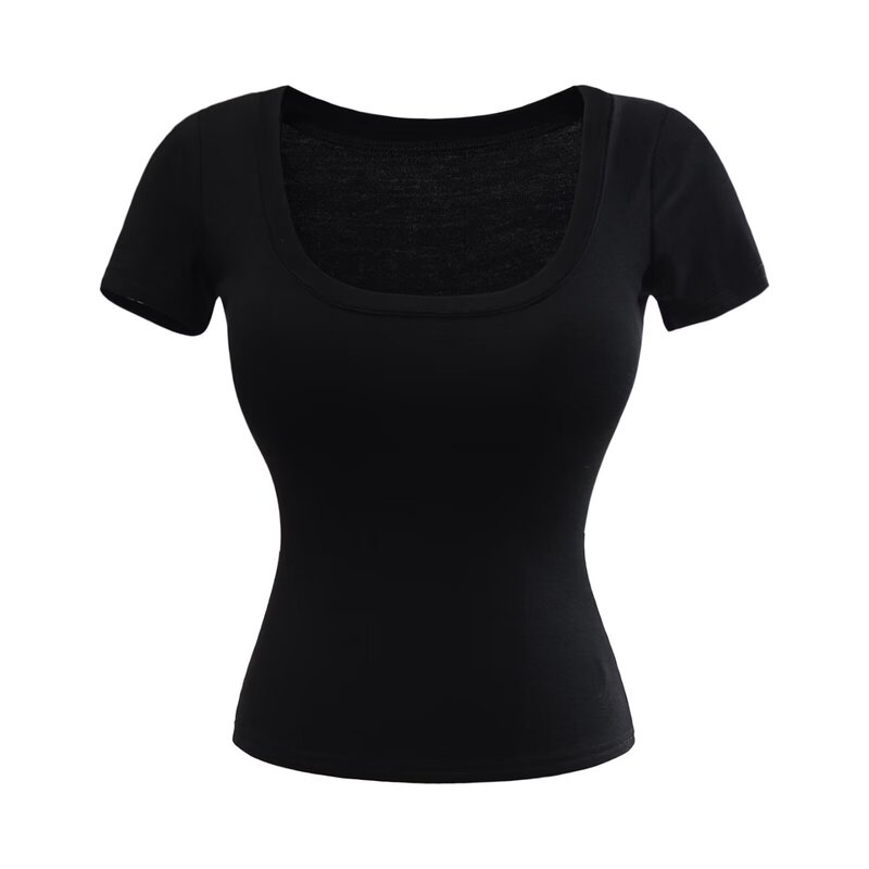 2025 Pure Lust Style 胸を広げる U ネック ローカット 半袖 T シャツ 女性用 胸パッド付き スリムフィット ボトムス 右肩トップ|undefined