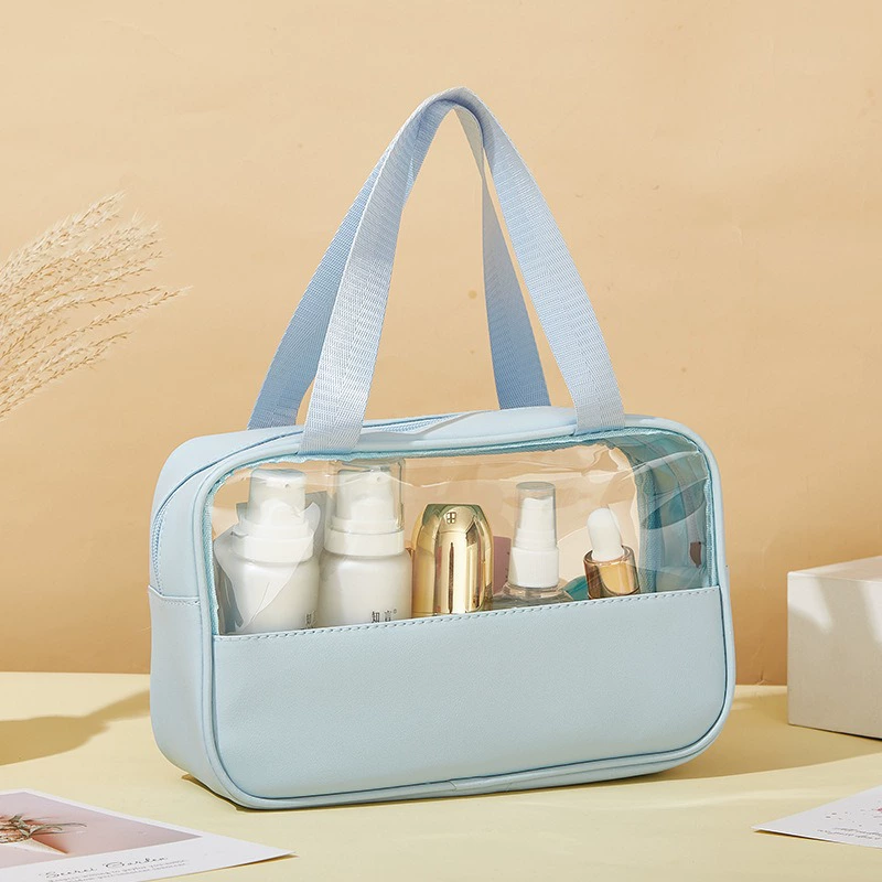 Capacious waterproof cosmetic bag PVC, polyurethane handheld organizer bag for traveling