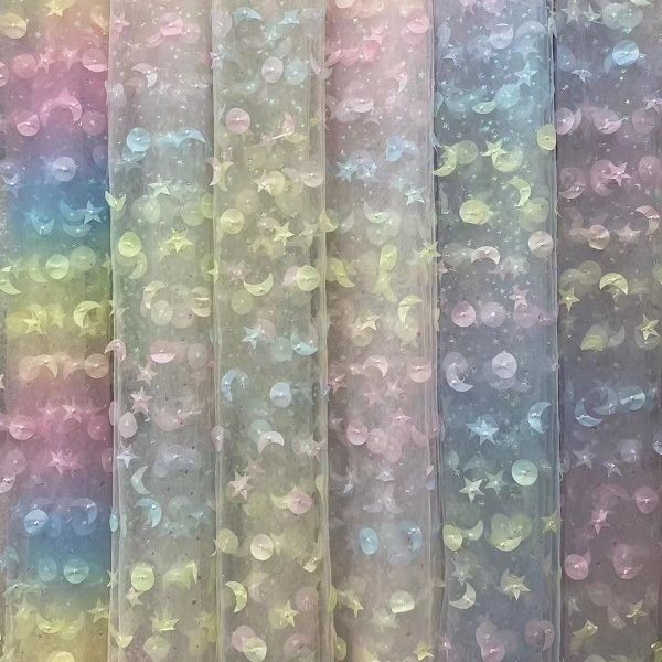 厂家直销 立体网纱激光绣花布料渐变星月球绣花 绣品蕾丝布料童装