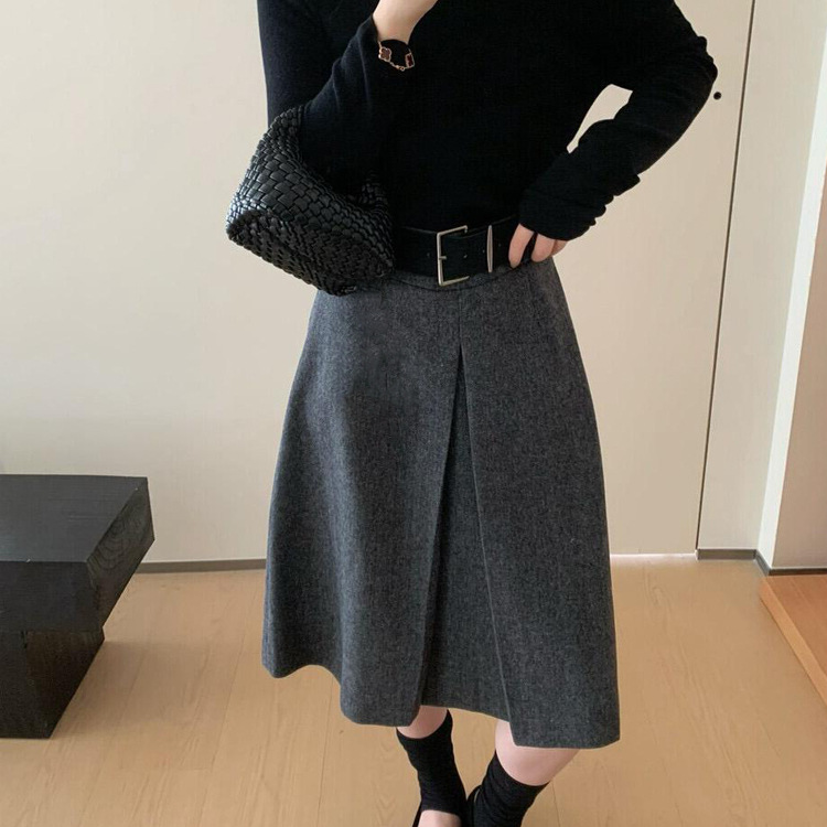 2025年新款复古毛呢半身裙女秋冬新款高腰显瘦a字裙开叉气质中裙