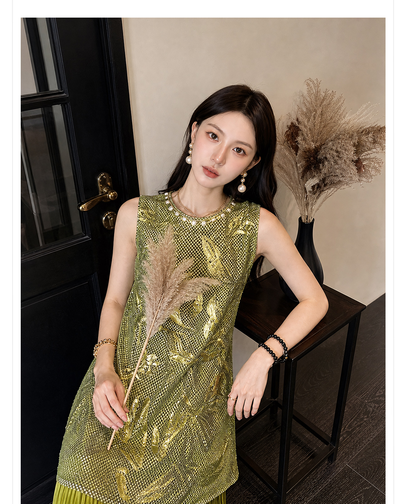 Đầm maxi nữ thắt eo phong cách Tân Trung Hoa họa tiết thêu nổi — Trà cà phê chi tiết 3