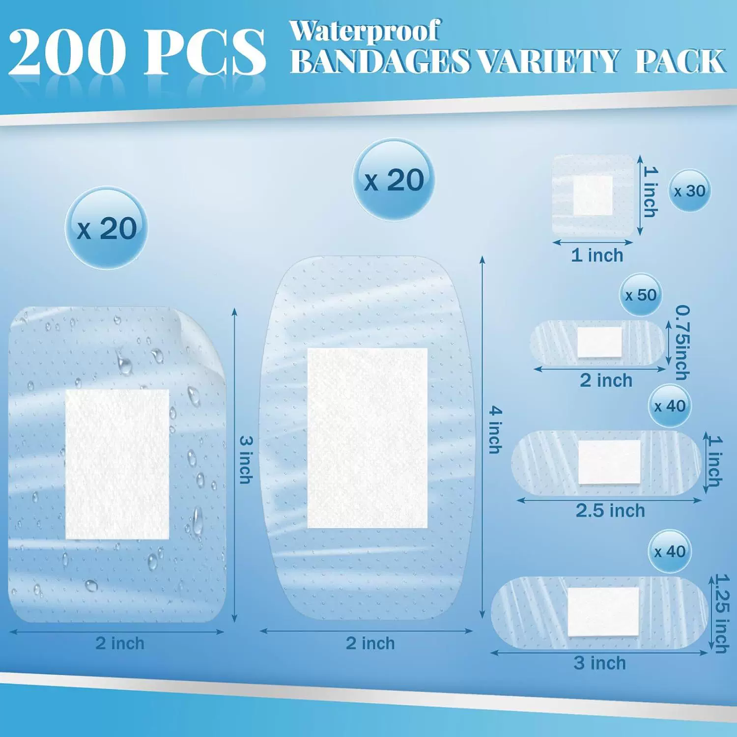 200片透明防水创可贴 家庭组合装伤口护理手指肘部透明粘合创口贴