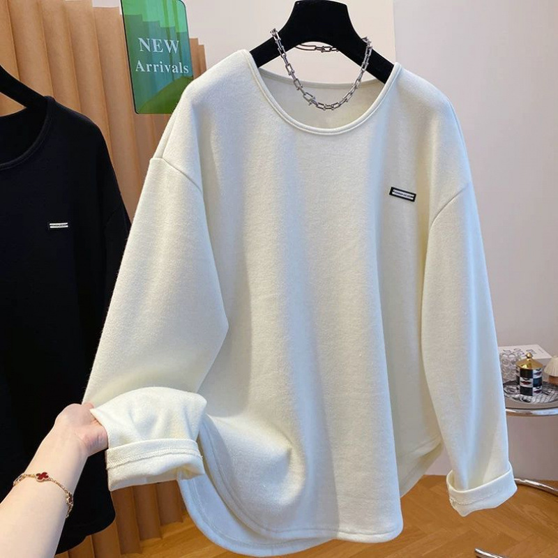 U领德绒磨毛长袖T恤宽松打底衫女秋冬2024新款韩版百搭纯色上衣潮