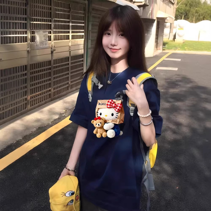 Kitty Cat Navy Blue Short-Sleeved T-Shirt for Women Summer 2026 New Style Loose and Lazy Style Half-Sleeved Top for Middle and High School Students Kitty Cat Navy Blue Short-Sleeved T-Shirt for Women Summer 2026 New Style Loose and Lazy Style Half-Sleeved Top for Middle and High School Students
