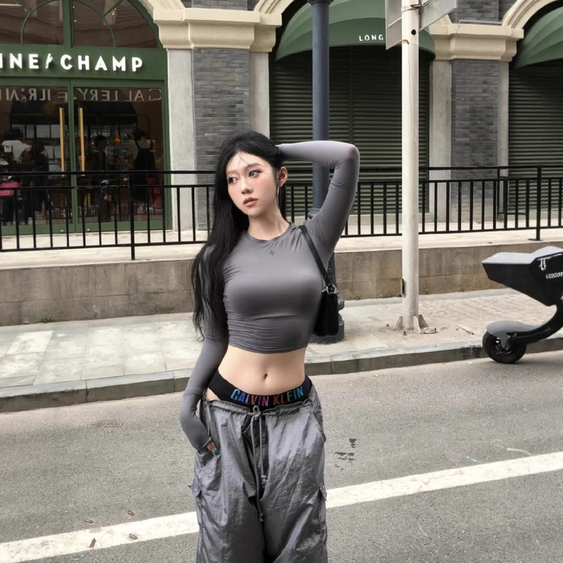 SK拥抱皮肤修身上衣十字印花圆领简约弹力轻薄紧身长袖24秋新款|undefined