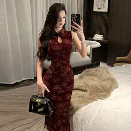 复古国风优雅气质新年喜庆拜年新中式旗袍连衣裙女修身显瘦开叉裙