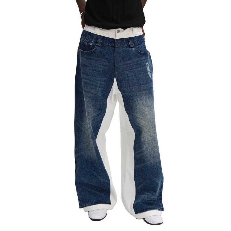 Anterior Loved Double-Layer Blue Jeans with White Bottom Straight Loose Design Versatile Pants