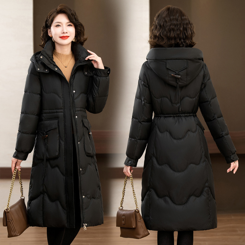 Ropa de algodón para mujeres de mediano largo 2025 invierno extranjero sobre la rodilla ropa de algodón coreana gruesa abrigo de madres de mediana edad grande