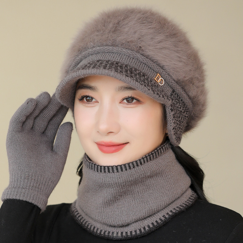 兔毛针织毛线帽子女秋冬季百搭冬天保暖帽妈妈中老年人护耳鸭舌帽|undefined