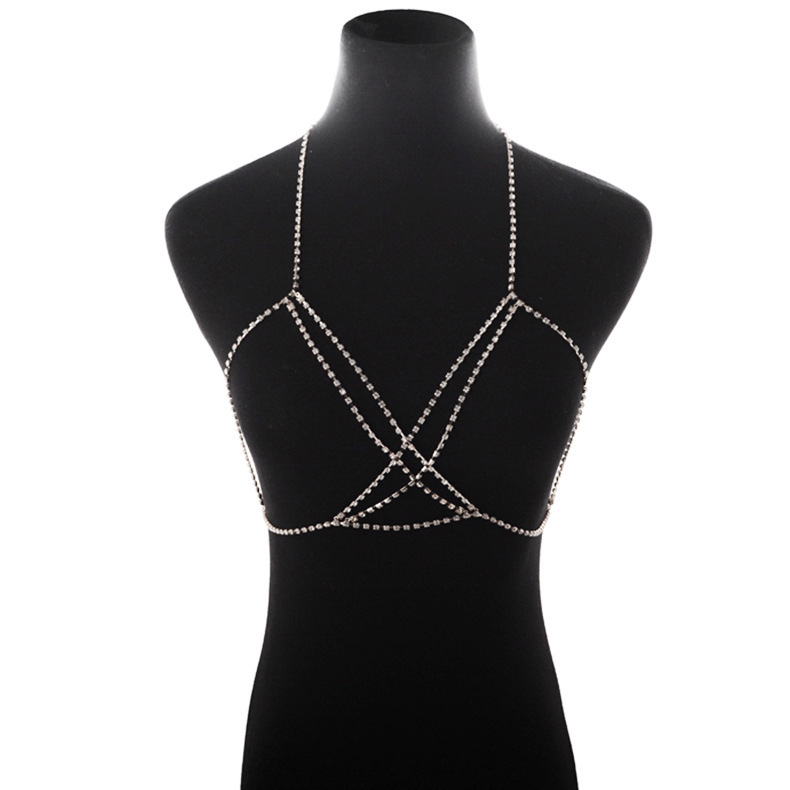 Europea y americana transfronteriza Venta caliente sexy Cruz rhinestone cadena del pecho bohemio completo diamante cuerpo cadena
