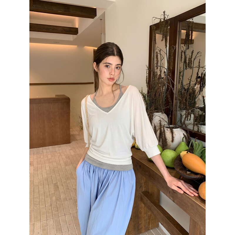 [Original Version - Rayon 260g] White V-Neck Mid-Sleeve T-Shirt Summer Halter Neck Two-Piece Set Cover-Up Top