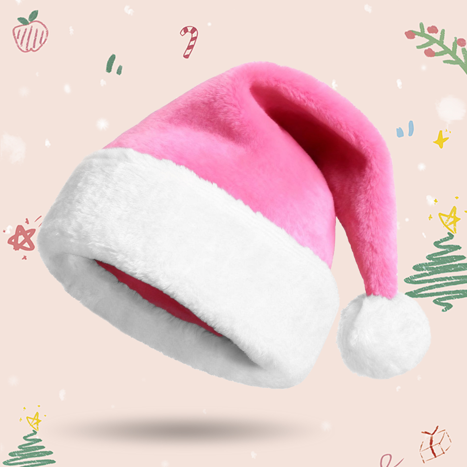 跨境圣诞帽可定制logo圣诞节装饰帽加绒加厚翻边彩色短毛绒圣诞帽