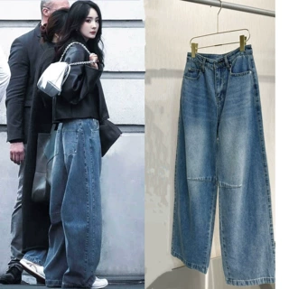 杨幂同款牛仔裤女2026年春秋新款美式高腰显瘦直筒阔腿裤弯刀裤子