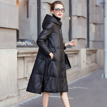 海宁真皮羽绒A字版型冬季真皮绵羊皮皮衣女中长款大版连帽外套