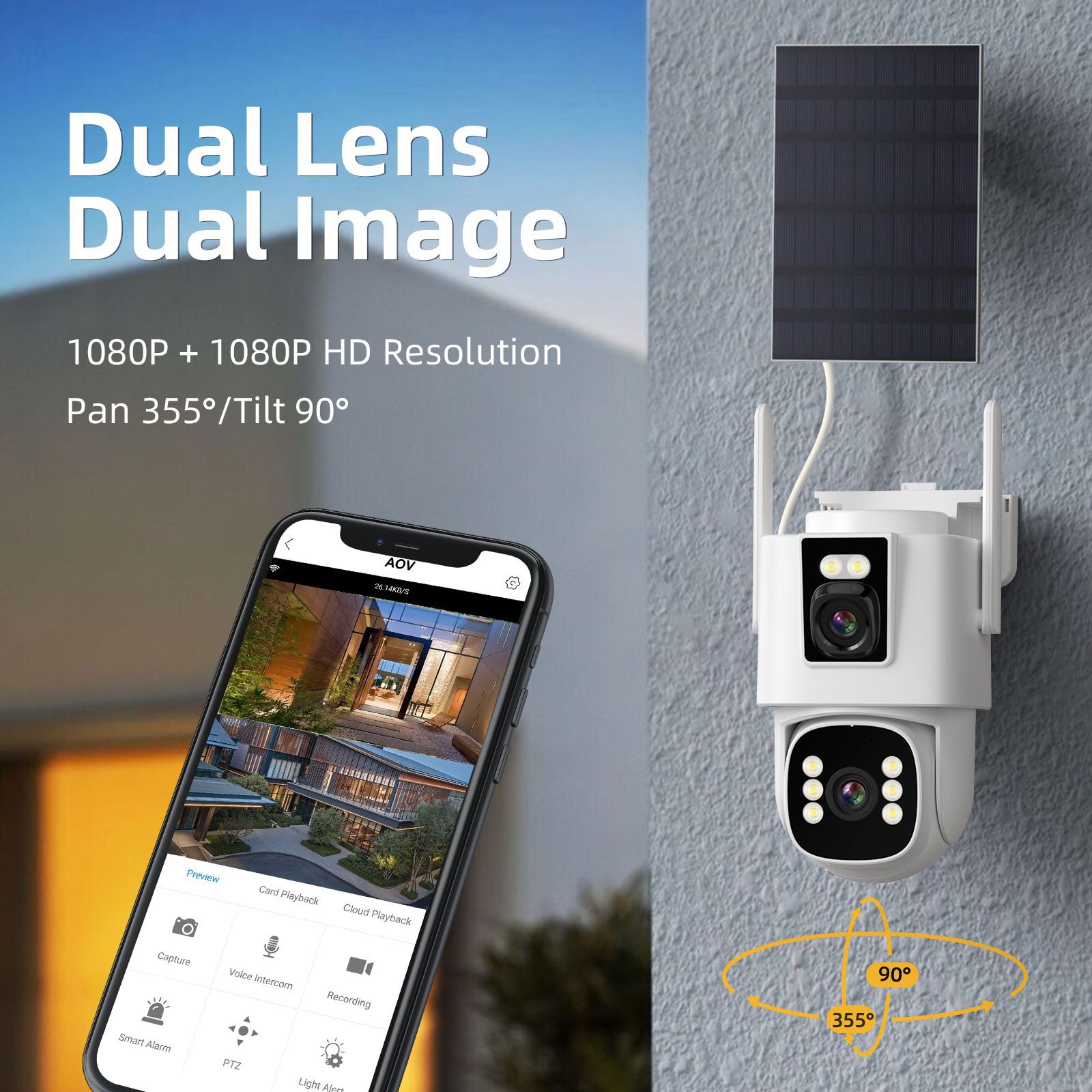 Cámara domo PTZ inalámbrica icsee HD de bajo consumo con energía solar 4G y doble lente AOV para monitoreo transfronterizo en fábricas