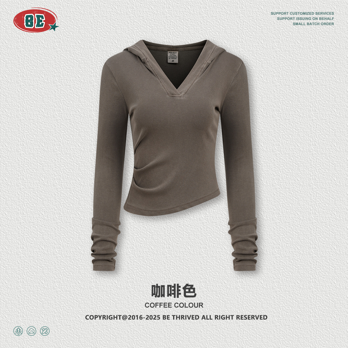 Ropa de mujer BE | Camiseta de Manga Larga con Capucha y Cuello en V, Ajustada a la Cintura, Estilo Retro Casual para Mujer, Otoño 2025