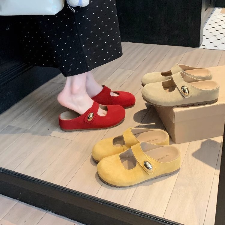 Genuine Leather Version ~ Grape Mom's Same Style with 5cm Inner Height Increase, Small Gold Bean Round Toe Soft and Cute Mary Jane Half-Slip Birkenstock Shoes for Women