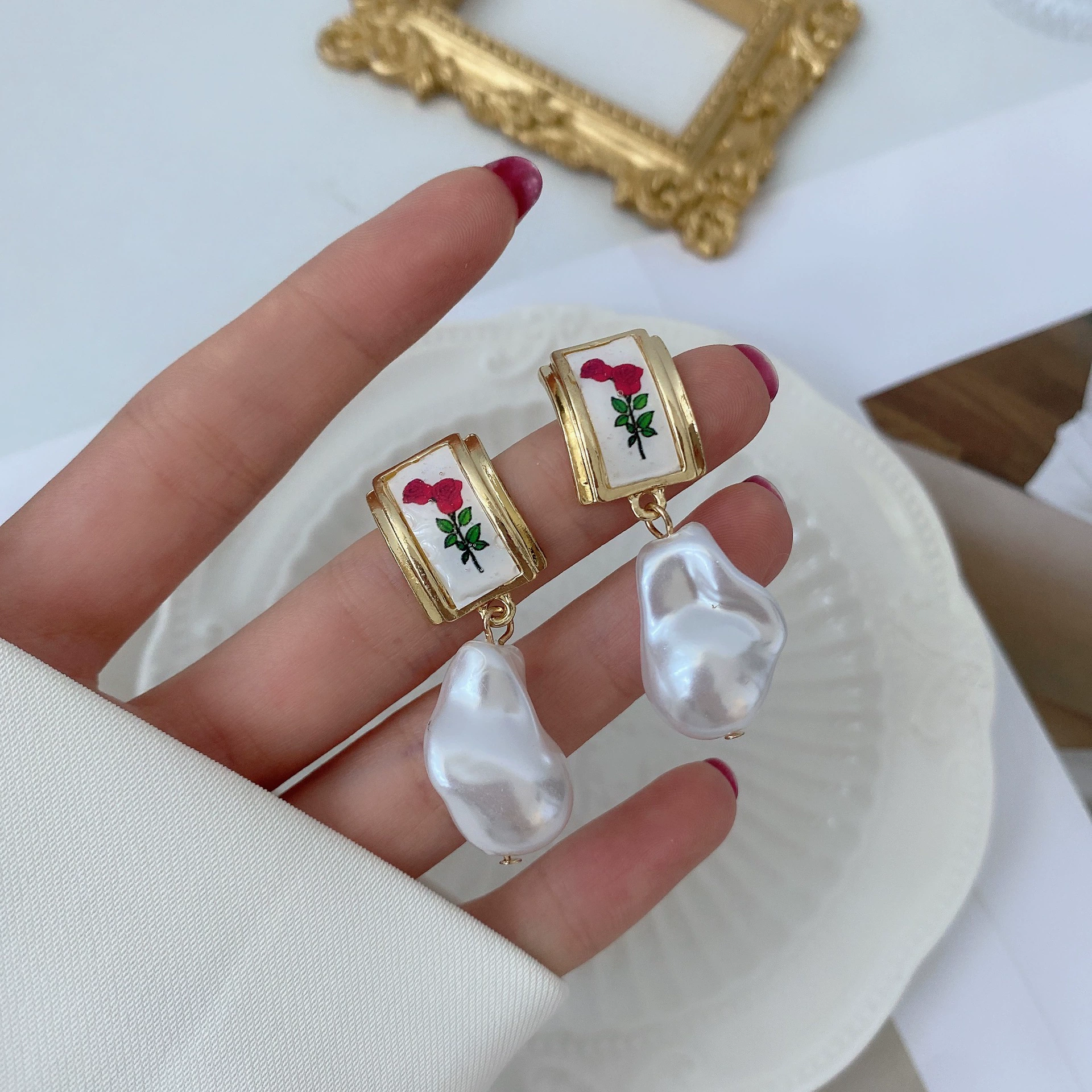 Retro earrings from pearl, French retro style