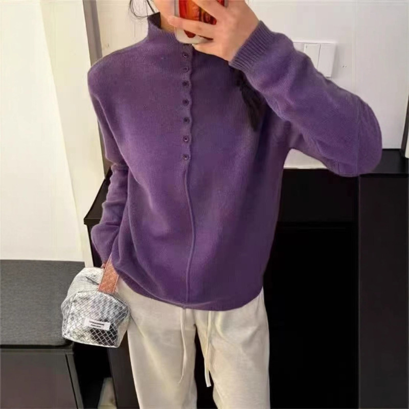 秋冬新款半开扣高领毛衣女加厚长袖针织衫上衣时尚百搭针织衫打底|undefined