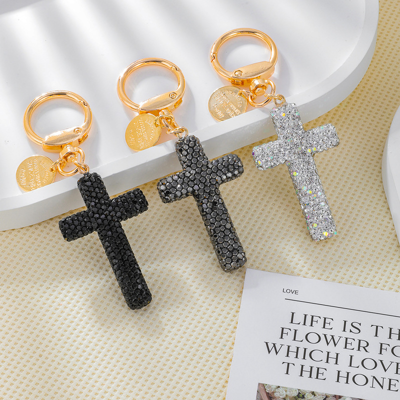Cross-Border Fashion Diamond-Encrusted Cross Clay Keychain High-Value Super Shiny Full-Diamond Car Keychain Bag Accessories