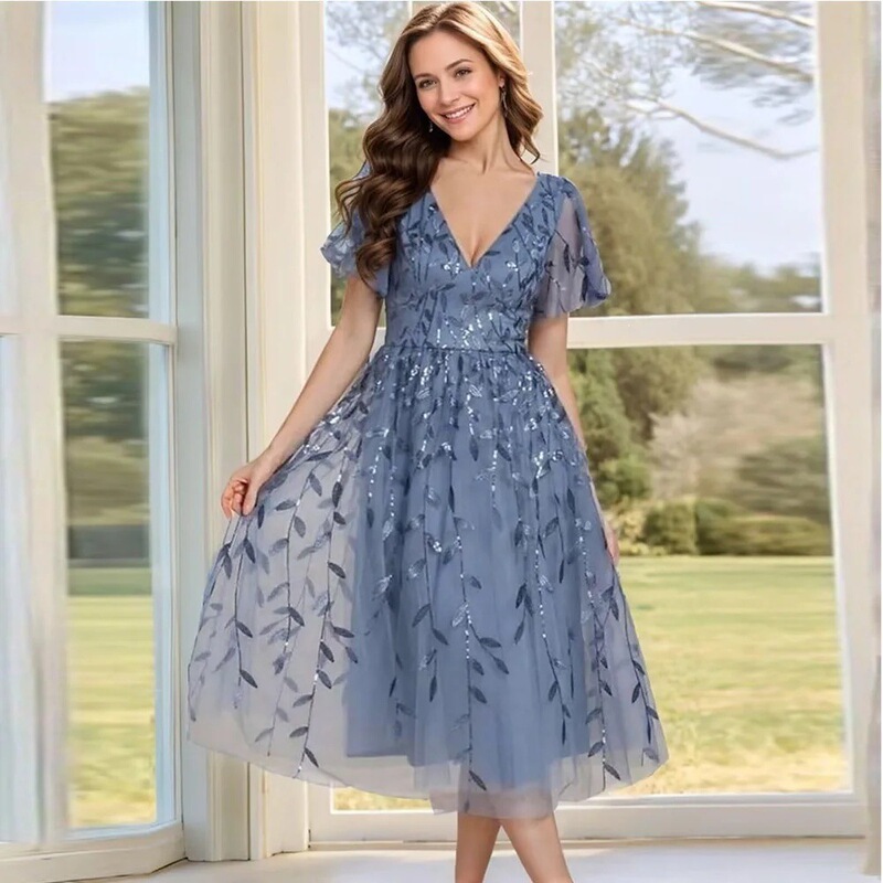 Amazon evening dress with short sleeves, V-neck style, European and American sequin fashion, elegant mid-length, suitable for evening parties and everyday wear
