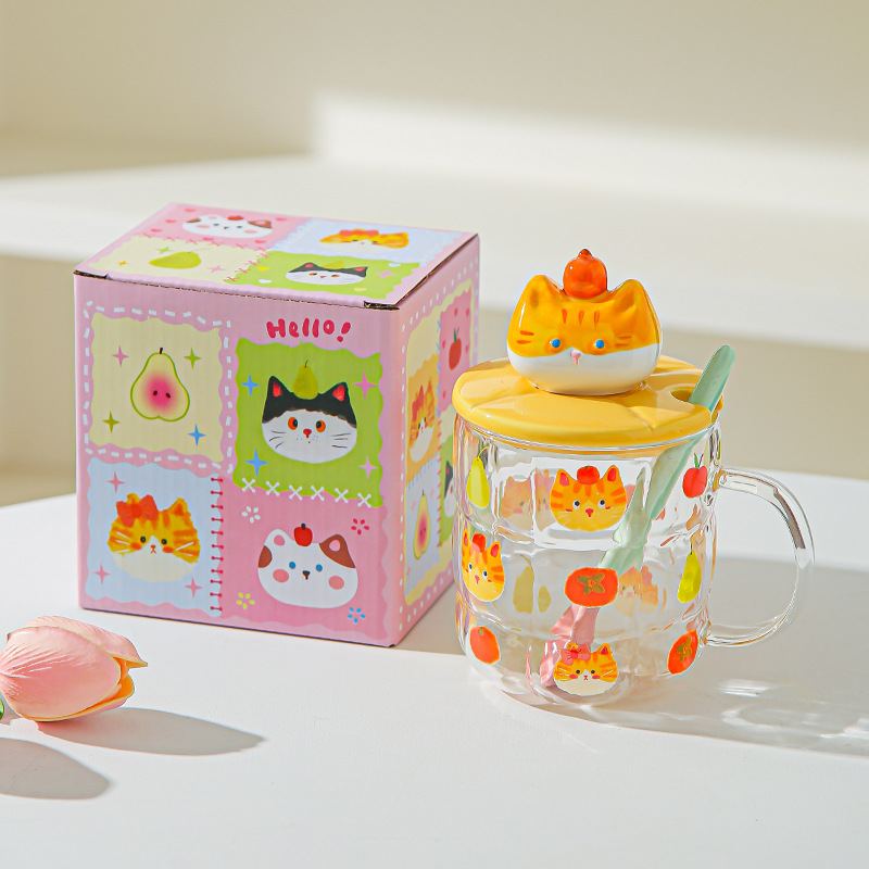 Gato estereoscópico pintado a mano alta resistencia al calor de vidrio de silicio de alta calidad de oficina con cubierta de cuchara de agua taza de dibujos animados taza de marca