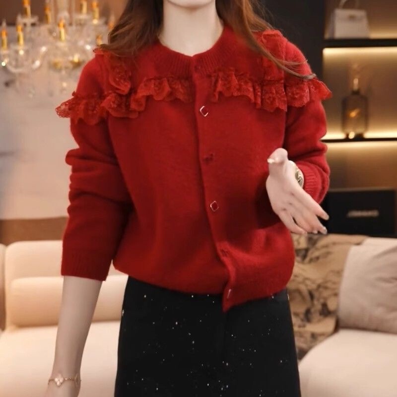 Tweed Style Red Spliced ​​Lace Sweater for Women 2025 Autumn and Winter New Fashion Design Casual Long-Sleeved Top