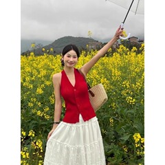 レッドキャミソールレディースデザインVネックホルターネックピュアニットカーディガン夏のホットガールアウターボタントップ