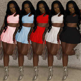 SM9255欧美女装时尚休闲性感纯色露腰镂空褶皱宽松背心短裙两件套