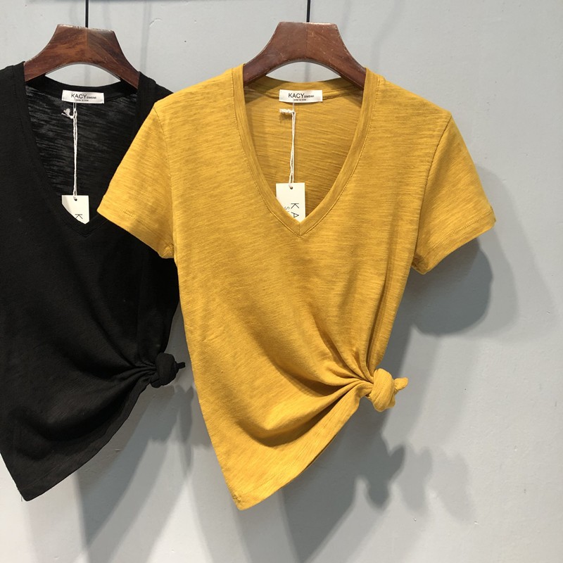 Women's Bamboo Cotton V Neck Short Sleeve T-Shirt Unique Design Slimming Summer Thin Versatile Top_ecoleips.com