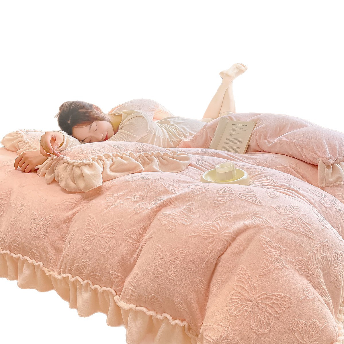 High-end engrosado A clase de leche de lana de cuatro piezas de invierno tallado doble cara coral edredón cubierta cama de cama tipo 4