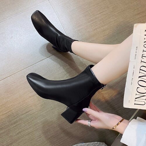 Women's  New Autumn/Winter White Martin Boots with Thick Heel and Inner Lift, Fashion and Slimming Square Toe Short Boots