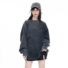 跨境oversize230g纯棉重磅做旧T恤大码落肩长袖水洗复古宽松上衣